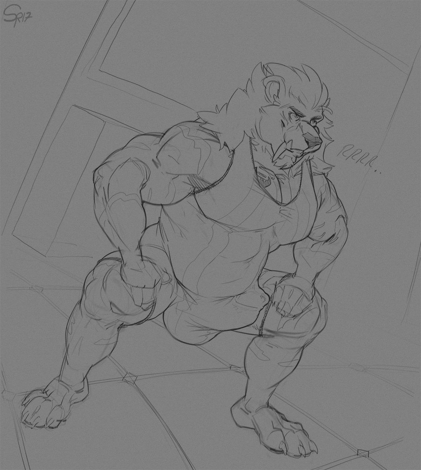 anthro bulge canine clothing crouching erection erection_under_clothes male male_only mammal muscular muscular_male penis_shaped_bulge solo spiritraptor wrestling_outfit