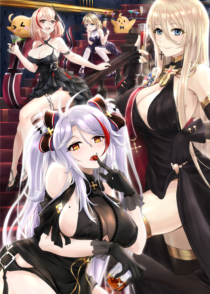 4girls absurdres aiguillette alcohol alt3r antenna_hair armlet azur_lane bare_shoulders bismarck_(azur_lane) bismarck_(beacon_of_the_iron_blood)_(azur_lane) black_dress black_gloves black_thighhighs blonde_hair blue_eyes blush bow bowtie breasts brown_eyes champagne_flute cherry cleavage clothes_lift clothing_cutout collarbone commentary cowboy_shot cross cross_earrings cup dress dress_lift drinking_glass earrings elbow_gloves evening_gown finger_to_mouth fingerless_gloves flower food fruit glint gloves grey_hair hair_between_eyes hair_ornament hair_ribbon hairbow half_gloves halter_dress halterneck hand_up headgear highres holding holding_cup holding_tray hurricane_glass indoors iron_cross jewelry large_breasts light_brown_hair long_hair looking_at_viewer manjuu_(azur_lane) mole mole_on_breast multicolored_bow multicolored_hair multiple_girls official_alternate_costume open_mouth prinz_eugen_(azur_lane) prinz_eugen_(cordial_cornflower)_(azur_lane) railing red_hair ribbon roon_(azur_lane) roon_(dark_red_grin)_(azur_lane) short_hair shoulder_cutout sidelocks sitting sleeveless smile stairs standing streaked_hair swept_bangs thighhighs thighlet tray two_side_up underboob underboob_cutout very_long_hair whiskey wine_glass z23_(azur_lane) z23_(the_banquet's_honor_student)_(azur_lane)