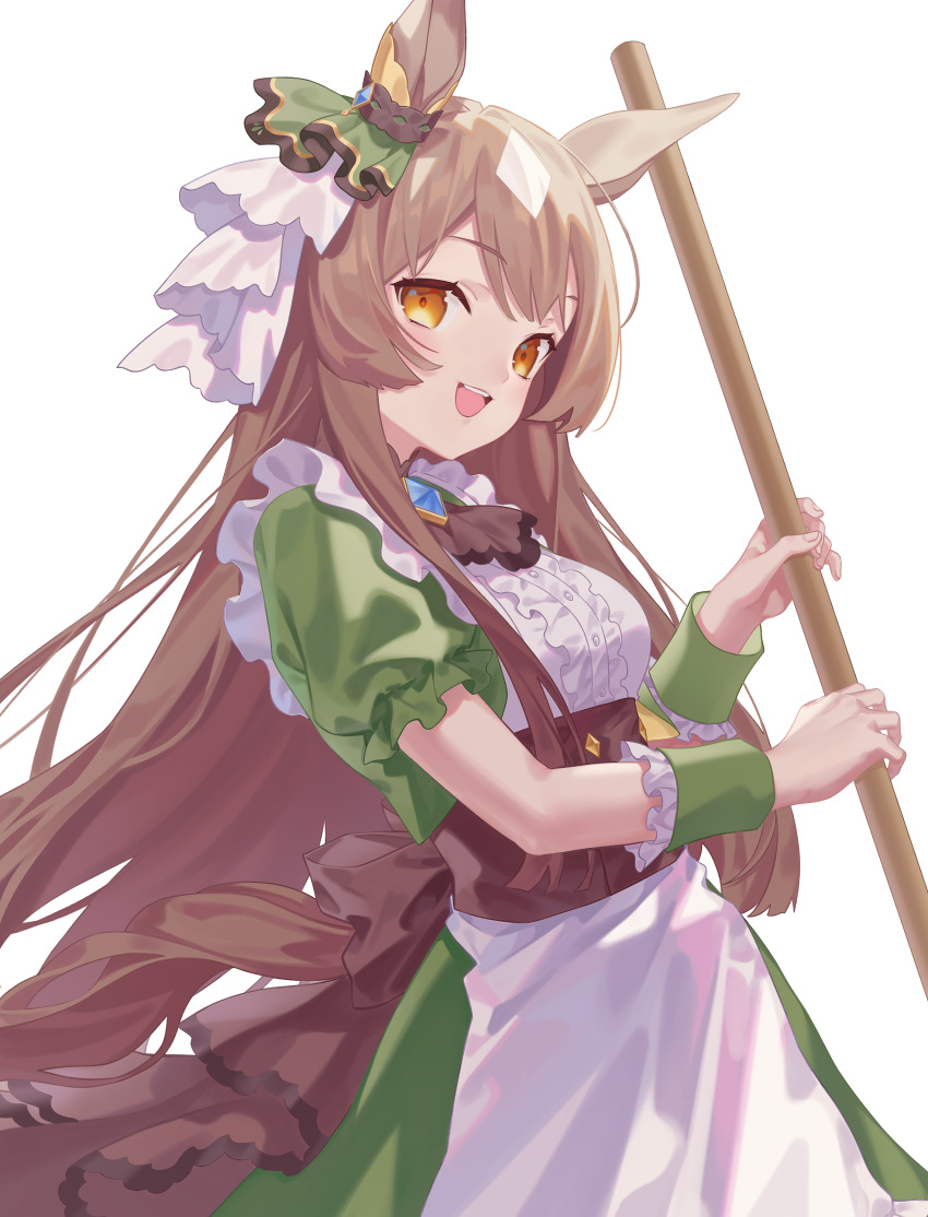 :d absurdres alternate_costume animal_ears apron blush breasts broom brown_hair center_frills corset cowboy_shot dress ear_ornament enmaided female frilled_sleeves frills green_dress highres holding holding_broom horse_ears horse_girl horse_tail littleamber long_hair looking_at_viewer maid medium_breasts multicolored_hair open_mouth orange_eyes puffy_short_sleeves puffy_sleeves satono_diamond_(umamusume) short_sleeves simple_background smile solo tail tail_through_clothes two-tone_hair umamusume very_long_hair waist_apron white_apron white_background white_hair wrist_cuffs