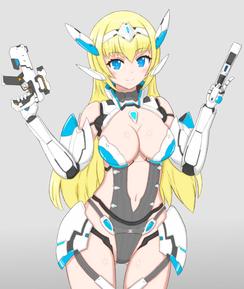 android blonde_hair blue_eyes breasts di_allez_series doll_joints dual_wielding female gun handgun highres holding joints long_hair mecha_musume medium_breasts nnnaxtu phantasy_star phantasy_star_online_2 phantasy_star_online_2_new_genesis smile solo very_long_hair weapon