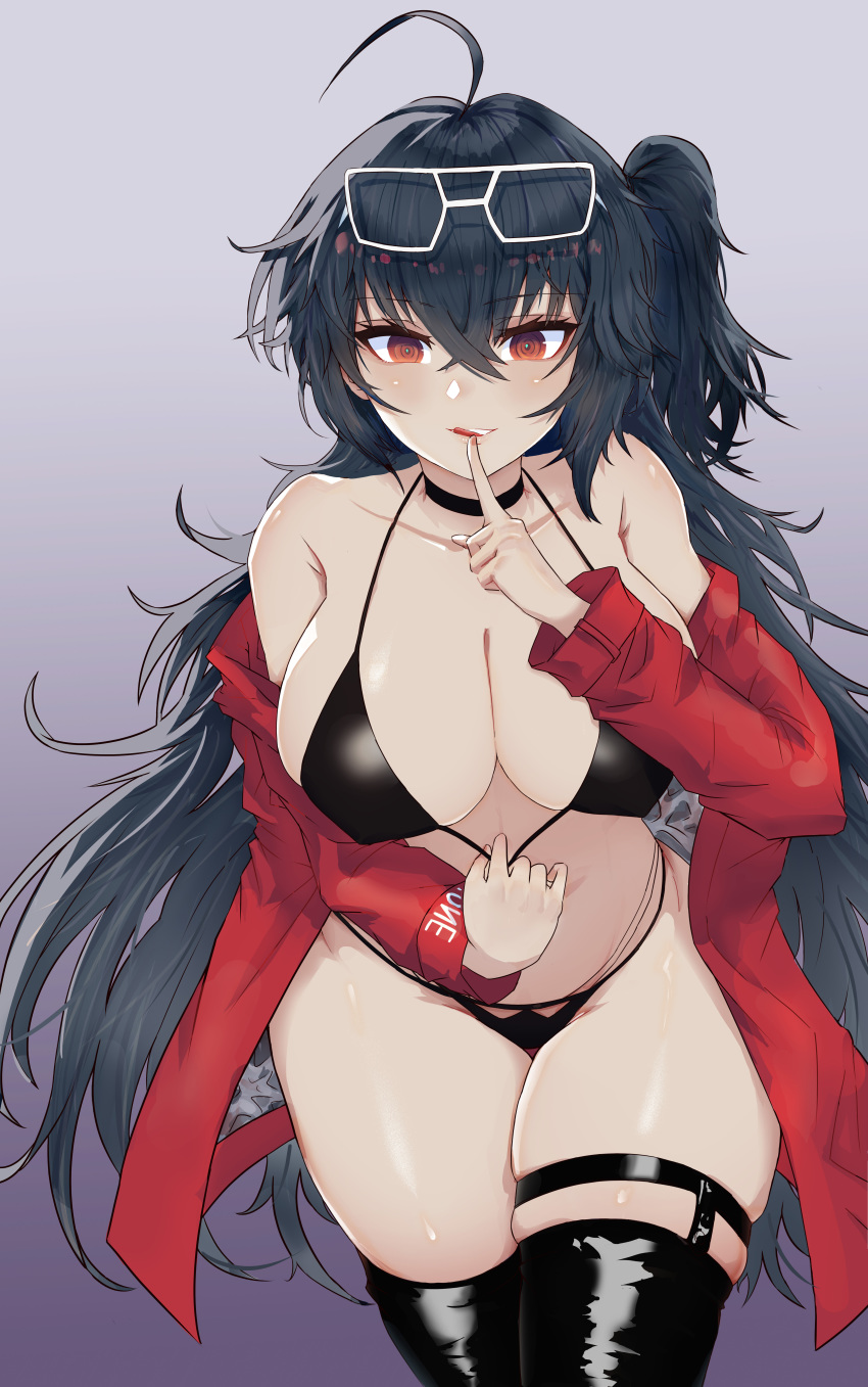 :q absurdres ahoge azur_lane bikini bikini_pull black_bikini black_choker black_hair black_thighhighs breasts choker clothes_pull clothes_writing collarbone eyewear_on_head female finger_to_mouth glasses gradient_background hair_between_eyes halterneck highres index_finger_raised jacket kongbai_huanxiang large_breasts leaning_forward long_hair long_sleeves off_shoulder official_alternate_costume one_side_up open_clothes open_jacket parted_lips photoshop_(medium) pulling_own_clothes purple_background race_queen red_eyes red_jacket skindentation smile solo swimsuit taihou_(azur_lane) taihou_(enraptured_companion)_(azur_lane) thigh_strap thighhighs tongue tongue_out very_long_hair white-framed_eyewear