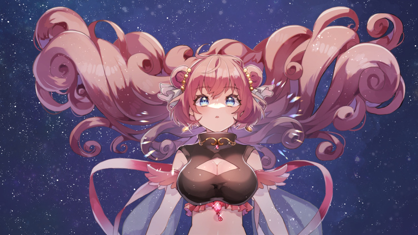 blue_eyes breasts chiro_(chi-bu-ko) cleavage_cutout clothing_cutout curly_hair double_bun earrings eme_mercion female floating_hair gem hair_bun hair_focus hair_spread_out highres jewelry large_breasts long_hair looking_at_viewer midriff original pink_hair solo sparkle starry_background virtual_youtuber