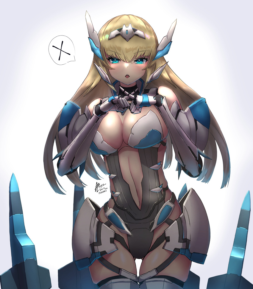 android blonde_hair blue_eyes breasts chestnut_mouth commentary_request di_allez_series female highres large_breasts long_hair mecha_musume nandarobium navel phantasy_star phantasy_star_online_2 phantasy_star_online_2_new_genesis solo very_long_hair x_fingers