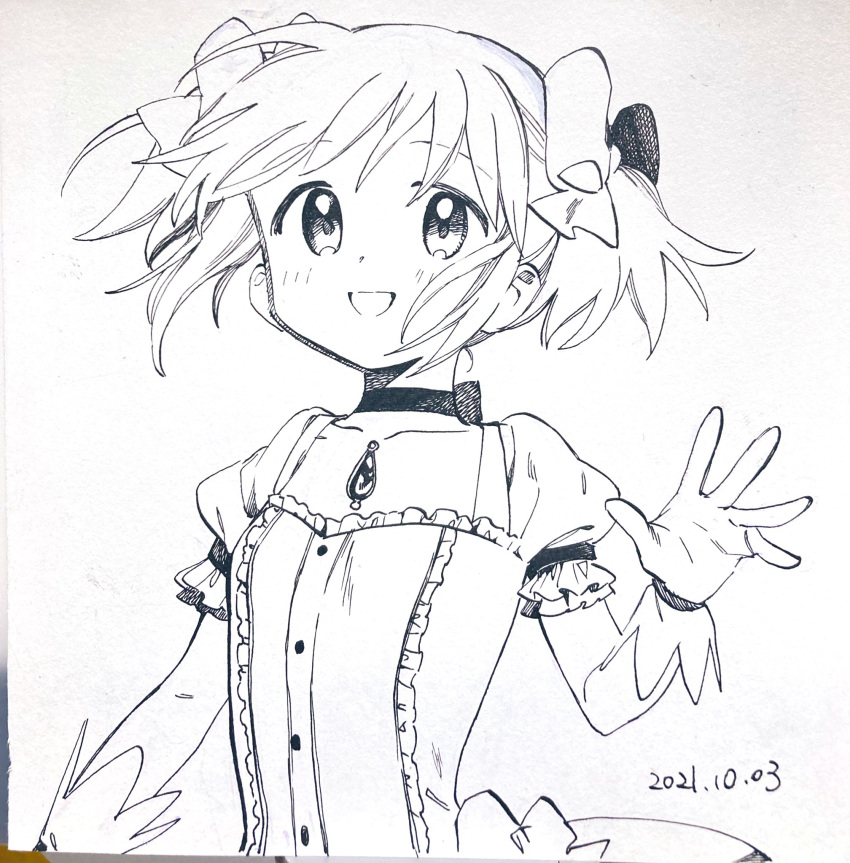 2021 arm_at_side bow buttons center_frills choker collarbone commentary_request dated dot_nose female flat_chest floating_hair frilled_sleeves frills gloves hair_ribbon hand_up happy highres kaname_madoka kaname_madoka_(magical_girl) light_blush looking_at_viewer mahou_shoujo_madoka_magica mahou_shoujo_madoka_magica_(anime) marker_(medium) monochrome no+bi= open_mouth photo_(medium) puffy_short_sleeves puffy_sleeves ribbon ribbon_choker short_sleeves short_twintails simple_background skirt smile solo soul_gem tareme traditional_media twintails upper_body waist_bow waving