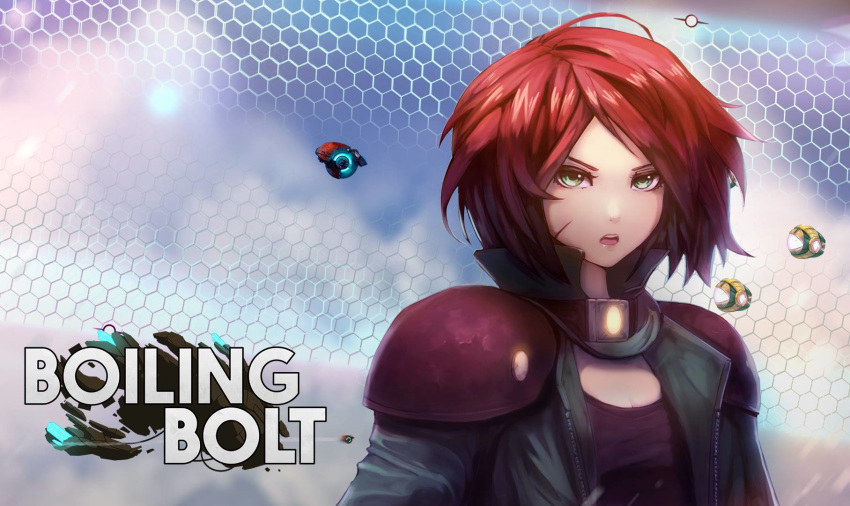 boiling_bolt copyright_name ctiahao female floating_hair green_eyes green_jacket highres jacket june_(boiling_bolt) logo looking_at_viewer official_art red_hair short_hair solo