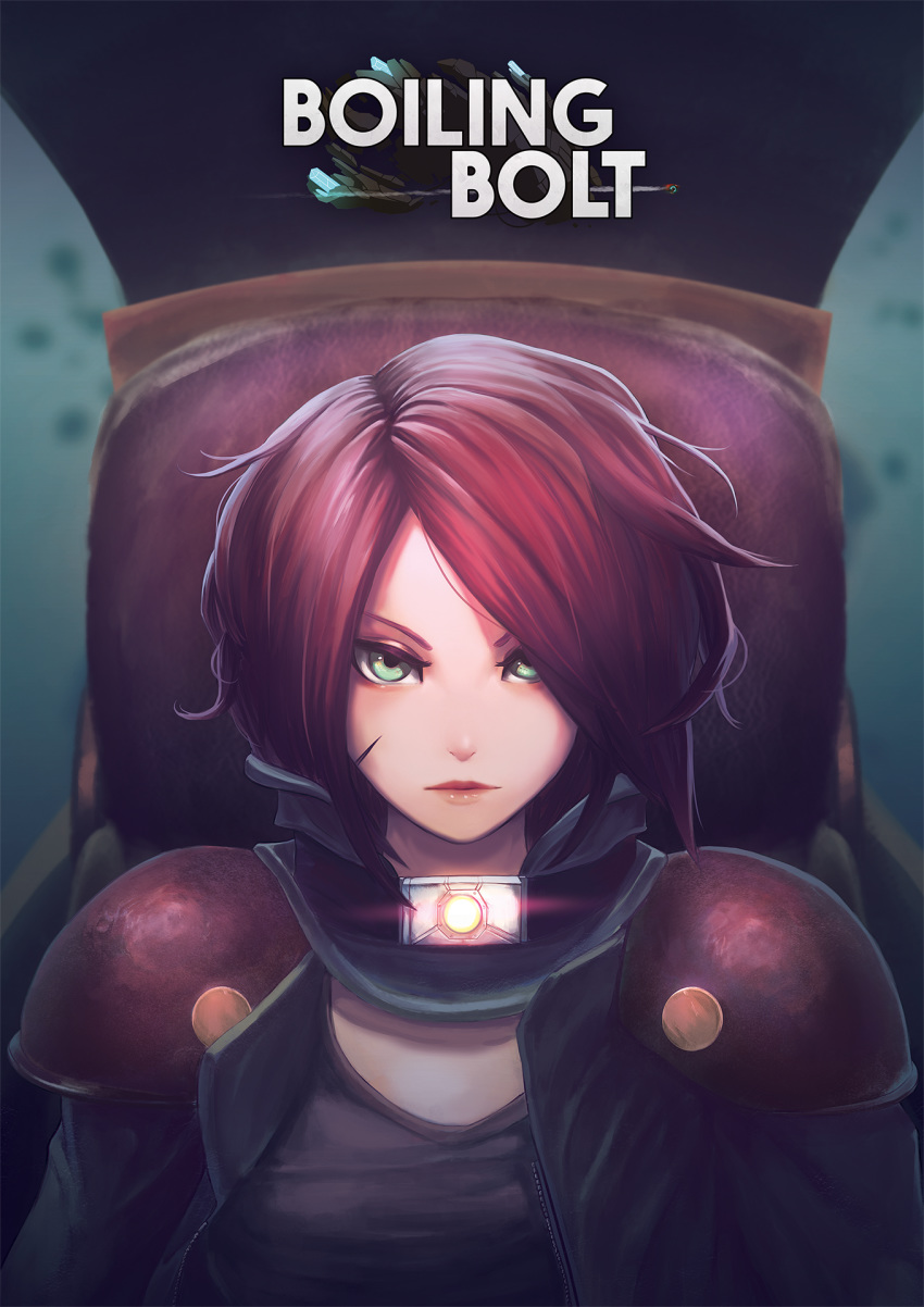 boiling_bolt close-up cockpit commentary copyright_name ctiahao english_commentary female green_eyes highres june_(boiling_bolt) logo looking_ahead official_art red_hair short_hair solo