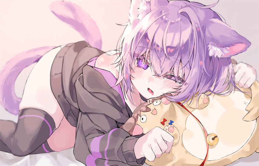 absurdres ahoge animal_ear_fluff animal_ears black_sweater black_thighhighs blush cat_ears cat_girl cat_tail eyes_visible_through_hair female highres hololive hugging_object inugami_korone inugami_korone_(dog) kithera looking_at_viewer lying medium_hair nekomata_okayu nekomata_okayu_(1st_costume) oerba_yun_fang off_shoulder one_eye_closed open_mouth panties purple_eyes purple_hair sleepy solo stuffed_animal stuffed_toy sweater tail tail_raised tears thighhighs thighs underwear virtual_youtuber