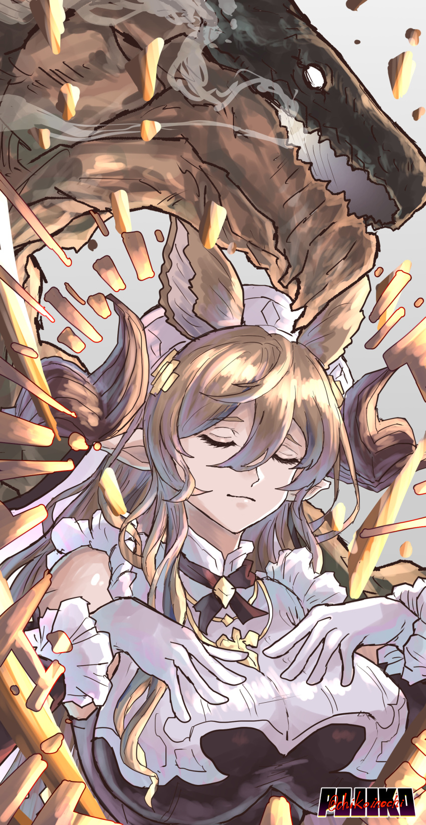 absurdres animal_ears artist_name bare_shoulders breasts brown_hair chikoinochi closed_eyes closed_mouth detached_sleeves dragon elbow_gloves extra_ears female frilled_sleeves frills galleon_(granblue_fantasy) gloves granblue_fantasy hair_between_eyes hair_ornament hand_on_own_chest highres horns large_breasts long_hair multicolored_hair pointy_ears smile streaked_hair weapon white_gloves