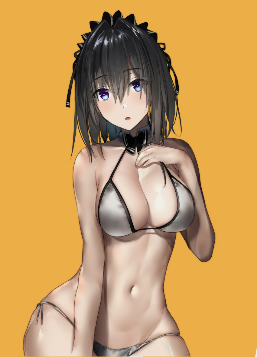 :o araido_kagiri bare_arms bare_shoulders bikini black_bow black_bowtie black_hair blue_eyes bow bowtie breasts cleavage collarbone commentary_request detached_collar female groin hair_intakes halterneck hand_on_own_chest hand_up headdress highres large_breasts long_hair looking_at_viewer md5_mismatch navel orange_background original parted_lips side-tie_bikini_bottom simple_background solo stomach swimsuit upper_body white_bikini