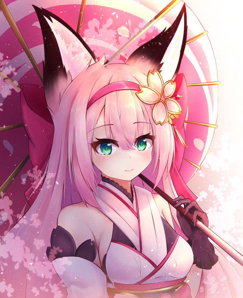 akiyama_neo animal_ears azur_lane black_gloves female fox_ears fox_girl gloves green_eyes hair_between_eyes hairband hanazuki_(azur_lane) highres holding holding_umbrella japanese_clothes kimono looking_at_viewer oil-paper_umbrella pink_hair pink_hairband print_umbrella sleeveless sleeveless_kimono solo umbrella upper_body white_kimono