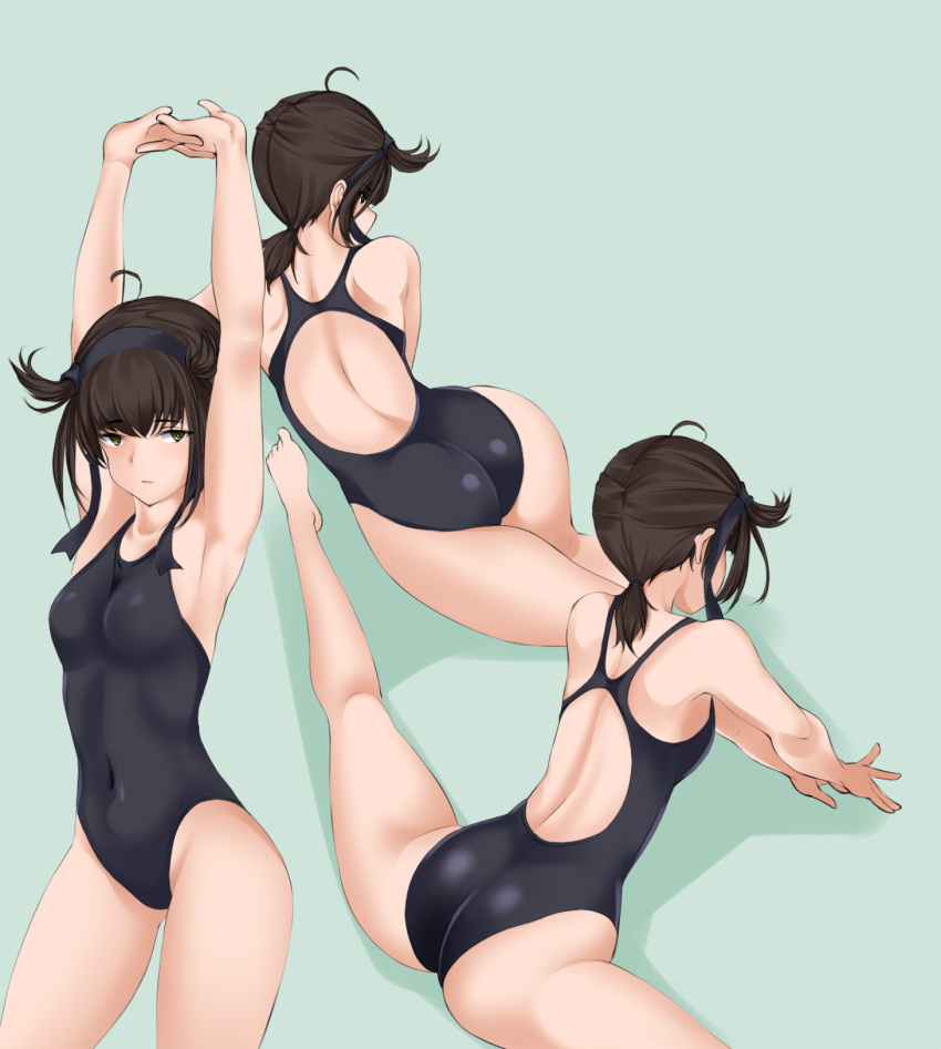 alternate_costume armpits arms_up ass bad_id bad_pixiv_id black_one-piece_swimsuit blue_background breasts brown_hair competition_swimsuit corrupted_file covered_navel female flexible hachimaki hair_flaps hatsuzuki_(kancolle) headband highleg highleg_swimsuit highres kantai_collection low_ponytail multiple_views nn_tasu one-piece_swimsuit short_hair short_ponytail simple_background small_breasts split straddle_split stretching swimsuit yellow_eyes