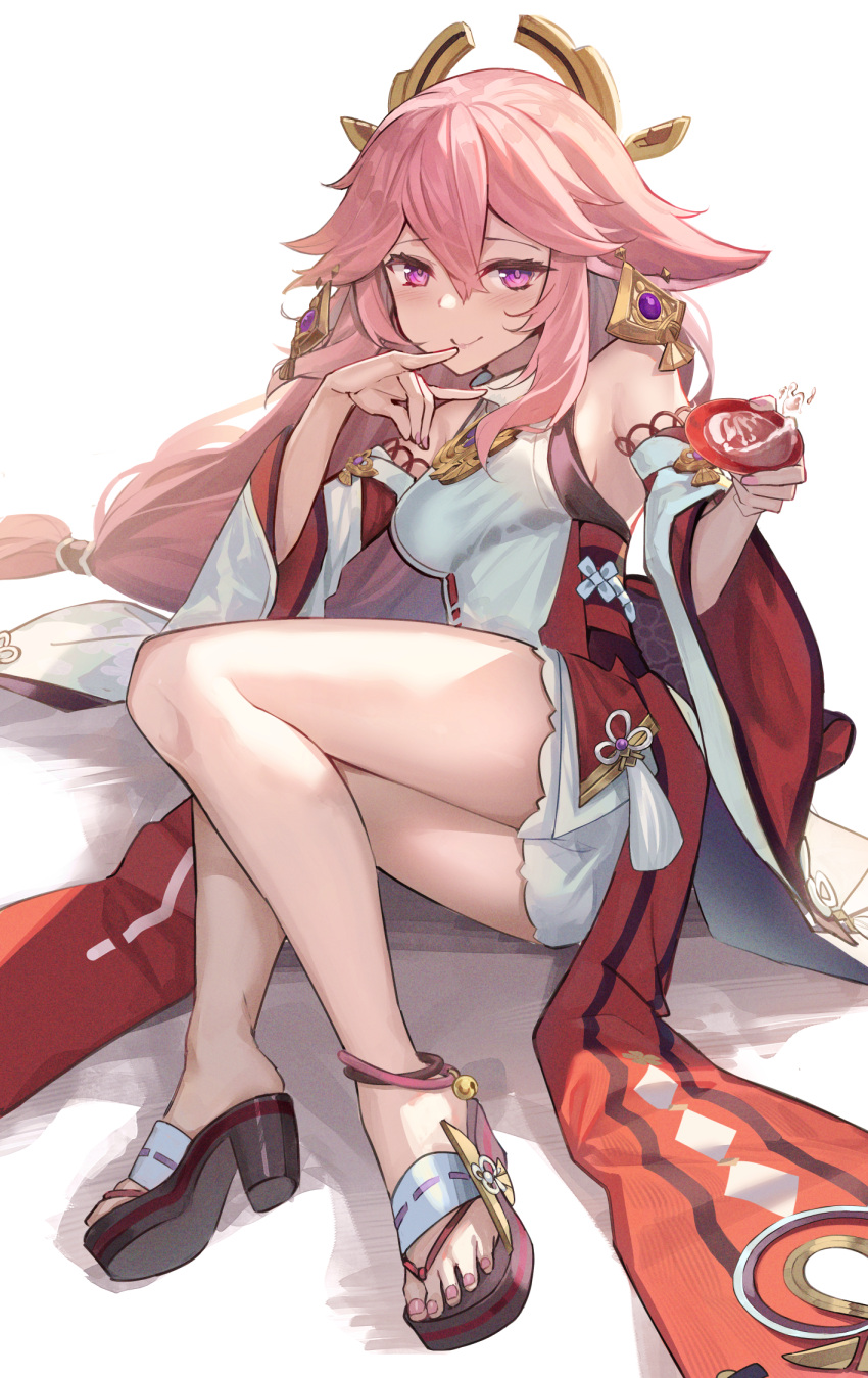 alcohol blush breasts closed_mouth cup detached_sleeves feet female genshin_impact high_heels highres hopepe japanese_clothes knees_together_feet_apart legs long_hair long_sleeves looking_at_viewer lying medium_breasts nail_polish nontraditional_miko okobo on_side pink_hair pink_nails purple_eyes sakazuki sake sandals smile solo toenail_polish toenails toes yae_miko