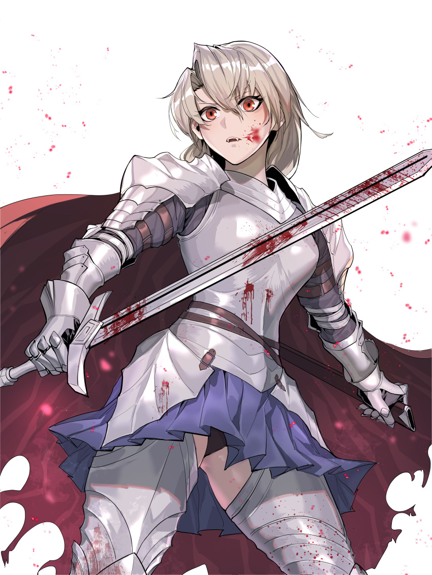 absurdres armor armored_dress bad_id bad_pixiv_id blood blood_on_face chinese_commentary cloak commentary female grey_hair hair_between_eyes highres holding holding_sword holding_weapon jinlin knight original red_eyes short_hair simple_background solo standing sword vampire weapon white_background