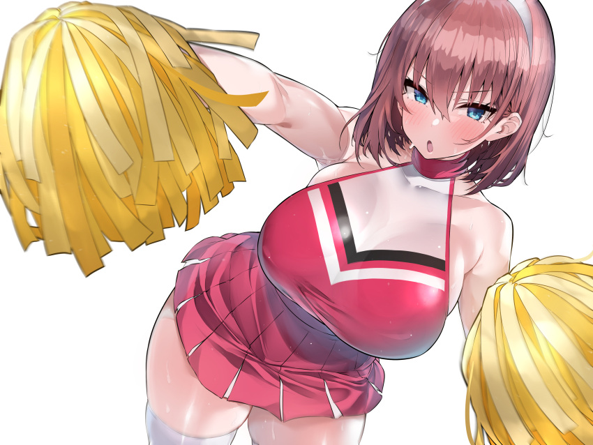 absurdres bare_shoulders blue_eyes blush breasts brown_hair cheerleader female hairband highres holding holding_pom_poms large_breasts looking_at_viewer mitsudoue navel open_mouth original pom_pom_(cheerleading) red_shirt red_skirt shirt short_hair skindentation skirt sleeveless sleeveless_shirt solo thick_thighs thighhighs thighs white_thighhighs