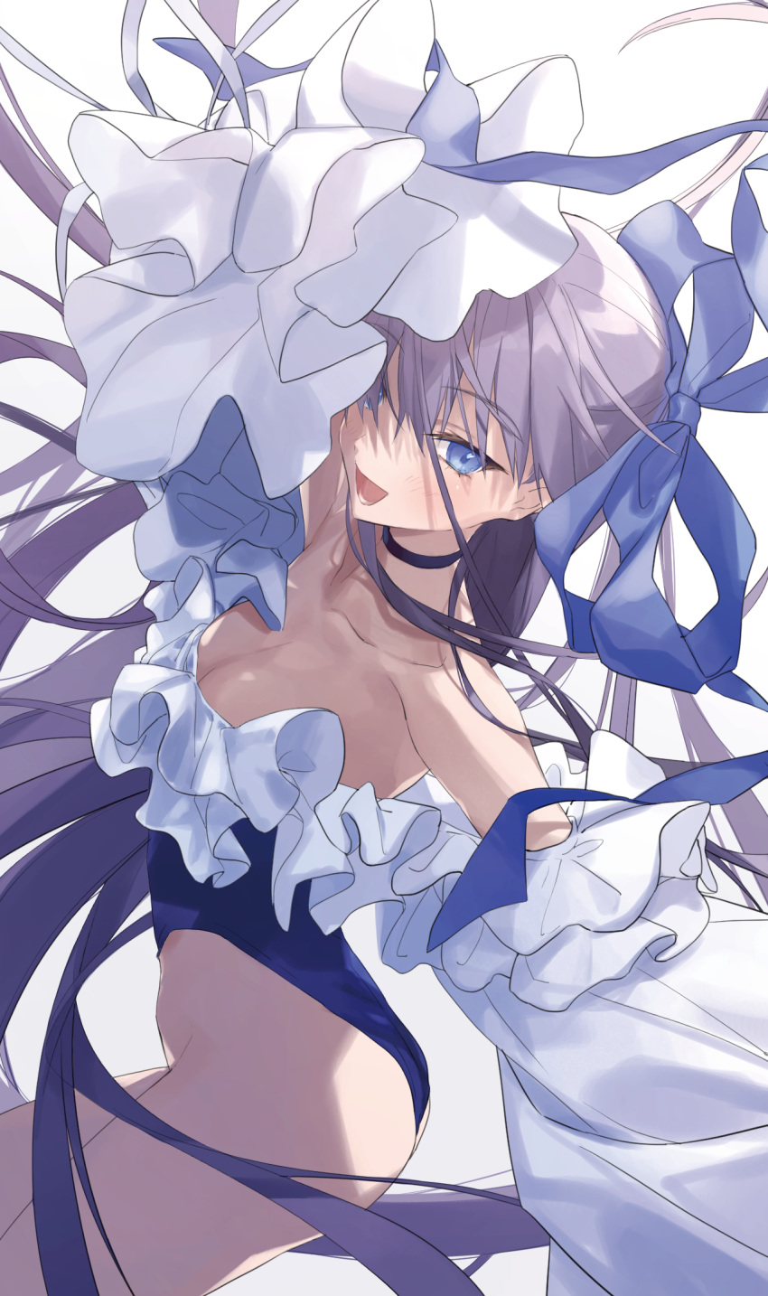 ashita_kura blue_eyes breasts choker commentary_request fate/grand_order fate_(series) female highleg highleg_swimsuit highres long_hair meltryllis_(fate) meltryllis_(swimsuit_lancer)_(fate) meltryllis_(swimsuit_lancer)_(second_ascension)_(fate) partial_commentary purple_hair sleeves_past_fingers sleeves_past_wrists small_breasts smile solo swimsuit