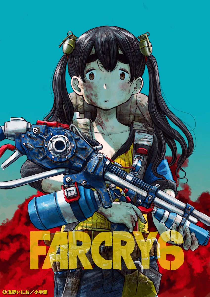 absurdres asano_inio black_hair blue_background brown_eyes copyright_name crossover dead_dead_demons_de_dedede_destruction dirty dirty_clothes dirty_face dirty_hands english_text far_cry far_cry_6 female gradient_background hair_ornament highres long_hair looking_at_viewer nakagawa_ouran official_art solo source_request standing twintails weapon