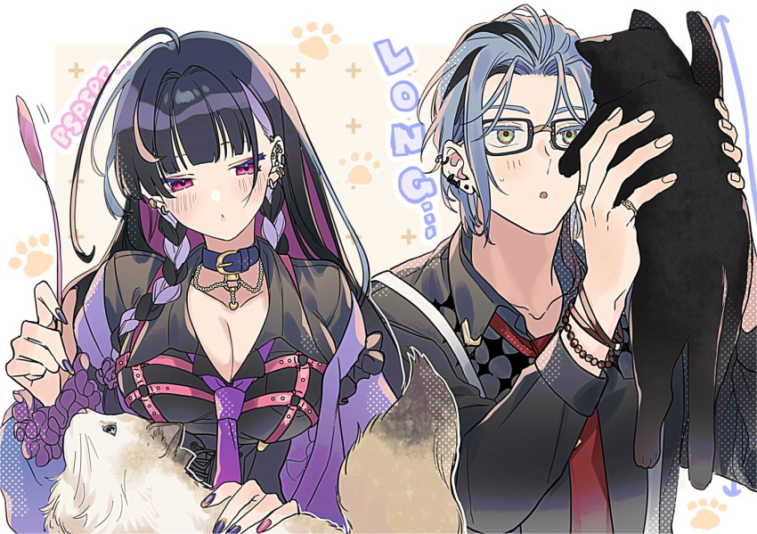 1boy ahoge baby_(hex_haywire) black_cat black_hair black_shirt blue_hair blush bracelet braid breasts cleavage collared_shirt commentary earrings feline female glasses green_eyes hex_haywire jewelry kaburagi_(pnoir087) large_breasts long_hair meloco_kyoran multicolored_hair necktie nijisanji nijisanji_en open_mouth pink_eyes purple_hair purple_nails purple_necktie red_necktie shirt streaked_hair symbol-only_commentary twin_braids virtual_youtuber white_cat