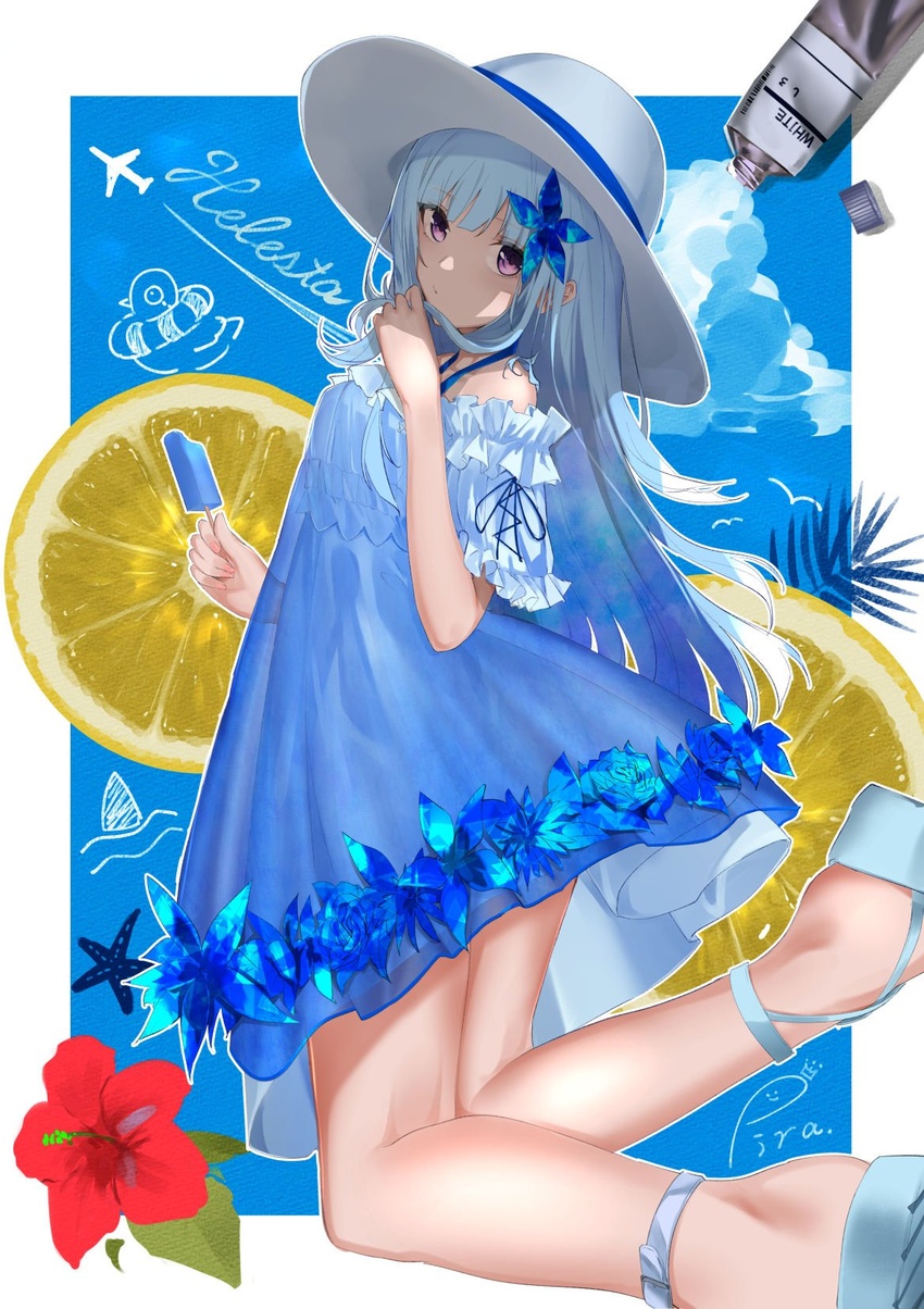 blue_background blue_dress blue_flower blue_hair blue_rose blunt_bangs breasts closed_mouth cloud commentary dress dress_flower feet_out_of_frame female flower food from_side fruit hair_flower hair_ornament hat hibiscus highres holding holding_food lemon lemon_slice lize_helesta lize_helesta_(2nd_costume) long_hair looking_at_viewer looking_back medium_breasts nijisanji paint pirapirapirapira platform_footwear popsicle purple_eyes red_flower rose sandals sebastian_piyodore signature sun_hat thighs virtual_youtuber white_footwear