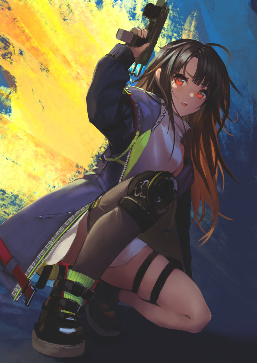 absurdres ahoge black_hair black_thighhighs c-ms_(girls'_frontline) cbj-ms coat commentary_request dress female girls'_frontline gun hara_shoutarou highres holding holding_gun holding_weapon knee_pads long_hair long_sleeves mole mole_under_eye multicolored_coat open_mouth red_eyes single_knee_pad single_thighhigh solo squatting submachine_gun thigh_strap thighhighs turtleneck turtleneck_dress weapon white_dress zipper