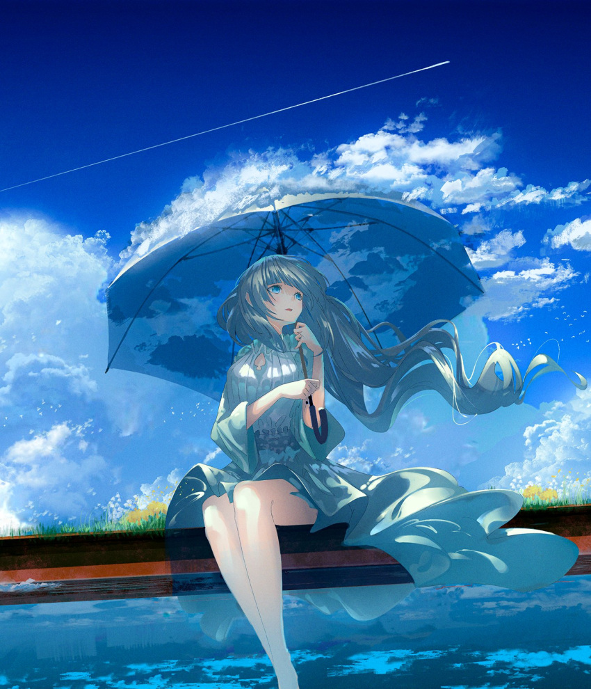 arm_across_waist bare_legs bird blue_dress blue_eyes blue_hair blue_sky chocoshi chromatic_aberration cloud contrail dress female floating_hair flock flower flying grass hand_up highres holding holding_umbrella legs_together light_particles long_hair long_sleeves looking_away looking_to_the_side original outdoors parted_lips railing scenery shaded_face sitting sky solo transparent transparent_umbrella umbrella white_dress wide_sleeves wind wind_lift yellow_flower