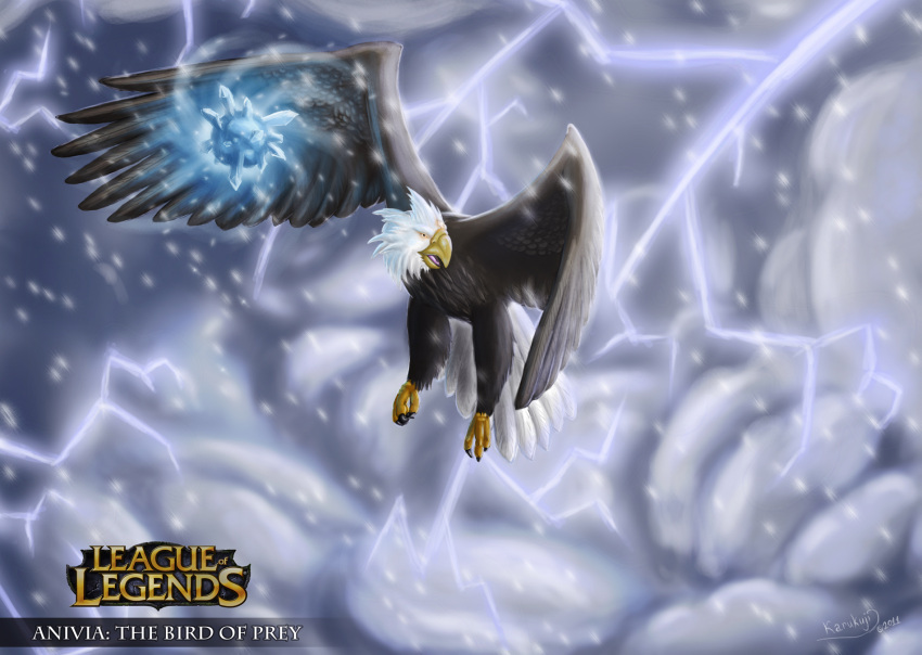 accipitrid accipitriform anivia_(lol) avian bald_eagle bird block claws cloud eagle electricity feathered_wings feathers female hi_res ice karukuji league_of_legends lightning magic outside riot_games sea_eagle sky skyscape snow solo storm tencent wings winter