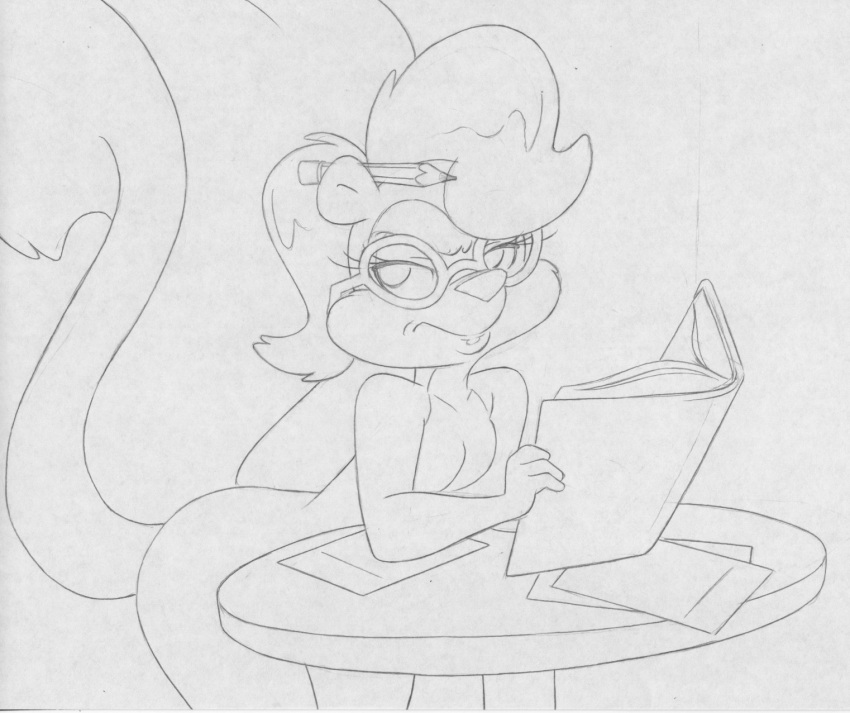 2011 anthro big-e6 big_tail book breasts eyelashes eyewear featureless_breasts female fifi_la_fume glasses hi_res holding_book holding_object mammal mephitid monochrome skunk solo tail tiny_toon_adventures warner_brothers