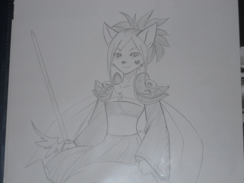 4:3 absurd_res anthro armor cloak clothed clothing crossdressing felid femboy graphite_(artwork) greyscale heart_symbol hi_res male mammal melee_weapon monochrome pencil_(artwork) solo stephanie_kao sword traditional_media_(artwork) weapon yuki_neigeux zetallis