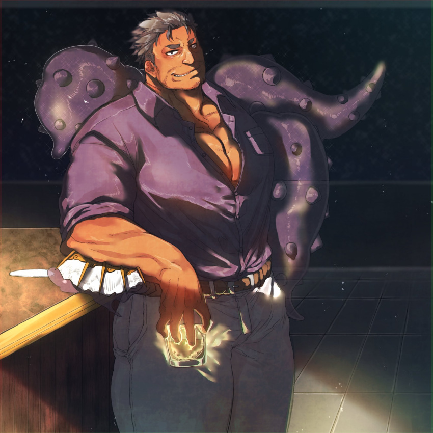 1boy bara beard bulge commentary cup dagon_(housamo) dark-skinned_male dark_skin facial_hair feet_out_of_frame fins fish_boy grey_hair head_tilt highres holding holding_cup large_pectorals long_sideburns male_focus mature_male muscular muscular_male pants pectoral_cleavage pectorals purple_shirt shiratori_yokikana shirt short_hair sideburns smile solo stubble tentacle thick_thighs thighs tokyo_afterschool_summoners white_pants