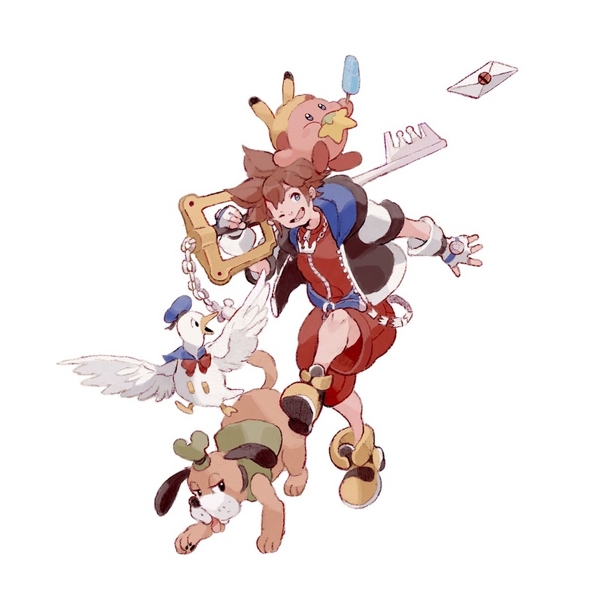 1boy bad_id bad_twitter_id brown_hair cosplay disney dog_(duck_hunt) donald_duck donald_duck_(cosplay) donald_duck_sailor_hat duck_(duck_hunt) duck_hunt eating food goofy goofy_(cosplay) hat highres hoimiii hood hood_down hoodie keyblade kingdom_hearts kingdom_key kirby kirby_(series) male_focus popsicle smash_invitation sora_(kingdom_hearts) spiked_hair super_smash_bros. yellow_footwear zipper