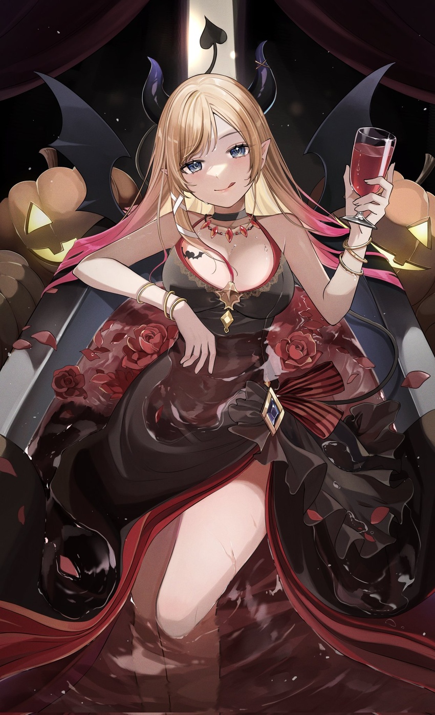 alternate_costume bare_shoulders bat_tattoo bathtub black_choker black_dress black_horns blonde_hair blush breast_tattoo breasts choker cleavage cup demon_girl demon_horns demon_tail demon_wings dress drinking_glass female highres holding holding_cup hololive horn_ornament horn_ring horns large_breasts long_hair looking_at_viewer multicolored_hair partially_submerged pink_hair pointy_ears pumpkin shunka_tunacan smile solo tail tattoo tongue tongue_out two-tone_hair virtual_youtuber wine_glass wings yuzuki_choco