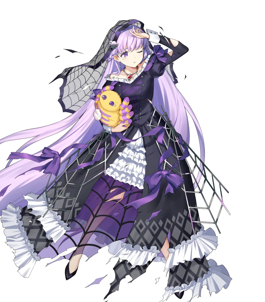 absurdly_long_hair arm_up black_dress black_footwear dress female fire_emblem fire_emblem:_the_binding_blade fire_emblem_heroes frills full_body highres holding jewelry lolita_fashion long_dress long_hair long_sleeves looking_away necklace non-web_source official_art one_eye_closed purple_eyes purple_hair see-through solo sophia_(fire_emblem) sophia_(halloween)_(fire_emblem) stuffed_toy torn_clothes torn_dress transparent_background urata_asao veil very_long_hair wrist_cuffs