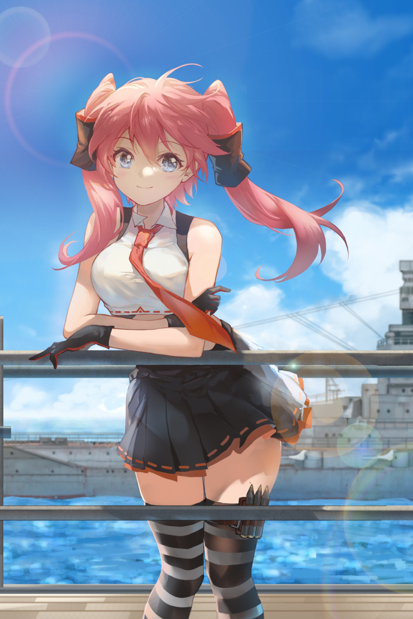 ahoge arm_support battleship black_gloves black_skirt black_thighhighs blue_eyes blue_sky closed_mouth cloud commentary_request female gloves highres jokanhiyou kongou_(battleship) long_hair looking_at_viewer military military_vehicle ocean original outdoors personification pink_hair ship shirt skirt sky smile solo standing striped_clothes striped_thighhighs thighhighs thighs twintails two-tone_legwear vehicle_and_personification warship watercraft white_shirt white_thighhighs world_of_warships