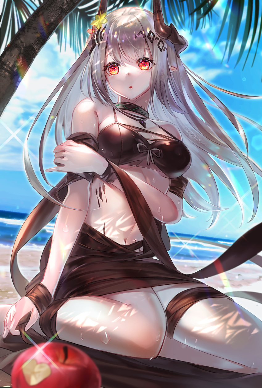 apple arknights bad_id bad_pixiv_id beach bikini black_bikini black_collar breasts collar demon_horns dutch_angle female flower food fruit glint grey_hair hair_flower hair_ornament hatomame highres horns infection_monitor_(arknights) large_breasts long_hair material_growth mudrock_(arknights) mudrock_(silent_night)_(arknights) navel ocean official_alternate_costume oripathy_lesion_(arknights) outdoors palm_leaf palm_tree parted_lips pointy_ears red_eyes red_flower sand sitting solo swimsuit tree water wind yellow_flower