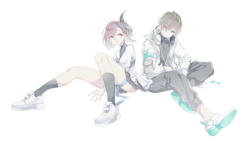 1boy alternate_costume bati15 black_pants black_shirt black_skirt blue_eyes braid closed_mouth female frown full_body glasses headphones headphones_around_neck ikuta_youji jacket light_brown_hair medium_hair official_art pants parted_lips prismplus purple_hair ready_steady_(vocaloid) real_life round_eyewear shirt shoes simple_background sitting skirt tenjin_kotone virtual_youtuber white_background white_footwear white_jacket yellow_eyes