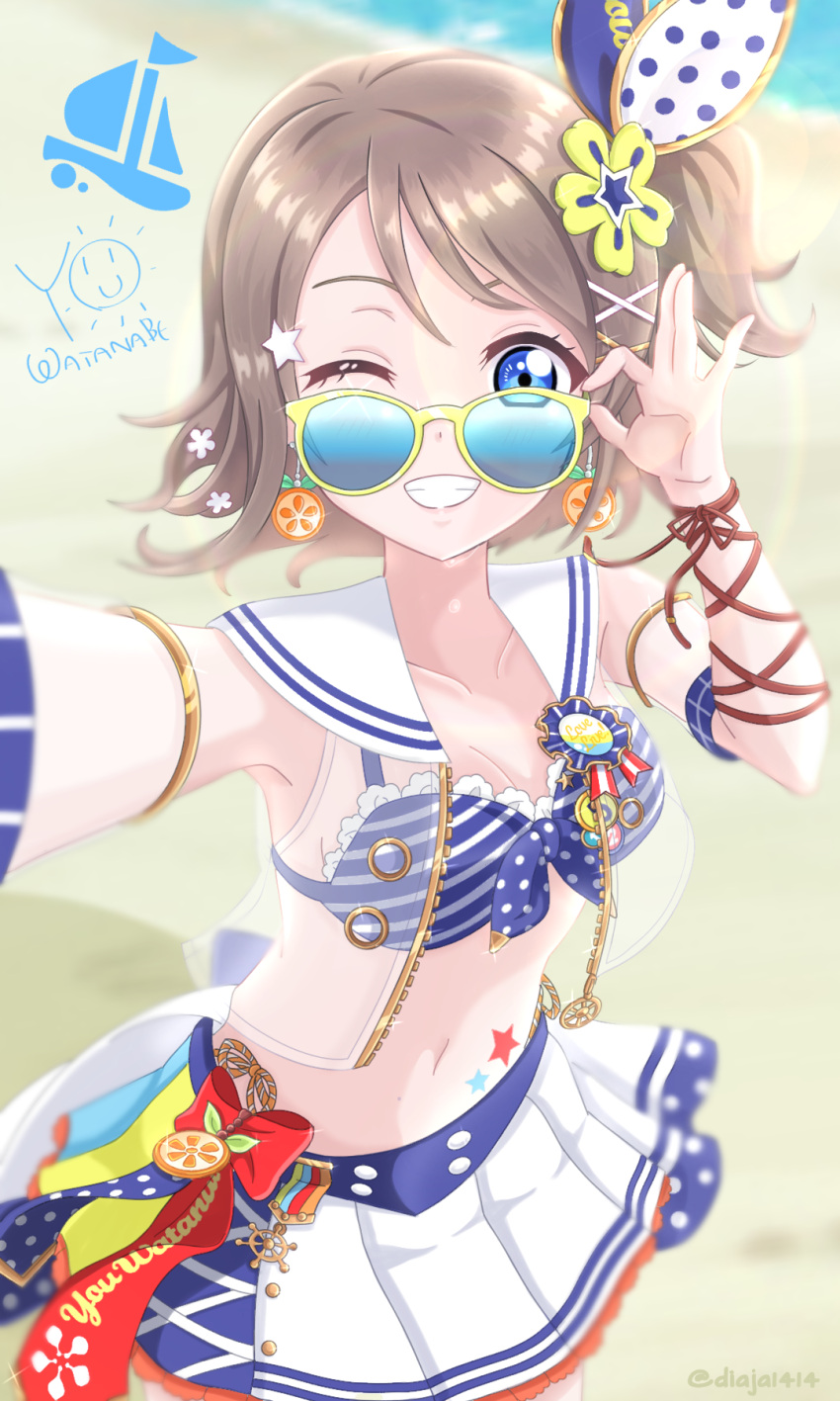 adjusting_eyewear armlet beach bikini blue-tinted_eyewear blue_bikini blue_eyes blurry blurry_background brown_hair character_name character_signature collarbone depth_of_field diaja1414 earrings english_commentary eyebrows_hidden_by_hair female flower food-themed_earrings frilled_bikini frills front-tie_bikini_top front-tie_top grin hair_flower hair_ornament hair_ribbon hairclip highres jewelry light_brown_hair looking_at_viewer looking_over_eyewear love_live! love_live!_school_idol_festival_all_stars love_live!_sunshine!! medium_hair miniskirt navel official_alternate_costume one_eye_closed one_side_up open_clothes open_vest pleated_skirt polka_dot ribbon sailor_collar see-through see-through_vest selfie skirt smile solo star_(symbol) star_hair_ornament star_tattoo stomach_tattoo striped_bikini striped_clothes sunglasses swimsuit tattoo teeth tinted_eyewear two-tone_ribbon unzipped vest watanabe_you white_sailor_collar white_skirt x_hair_ornament yellow-framed_eyewear