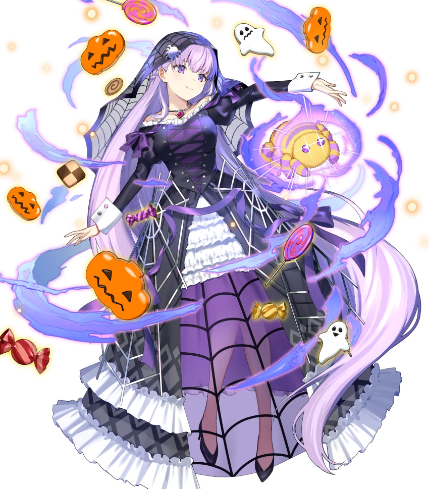 absurdly_long_hair aura black_footwear candy closed_mouth collarbone cookie dark_aura dress female fire_emblem fire_emblem:_the_binding_blade fire_emblem_heroes floating floating_object food frills full_body high_heels highres jewelry lolita_fashion lollipop long_dress long_hair long_sleeves looking_away necklace non-web_source official_art puffy_sleeves purple_eyes purple_hair see-through smile solo sophia_(fire_emblem) sophia_(halloween)_(fire_emblem) stuffed_toy transparent_background urata_asao veil very_long_hair wrist_cuffs