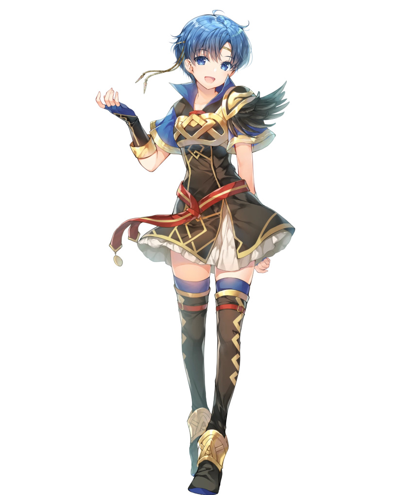 alternate_costume armor belt blue_eyes blue_hair blue_thighhighs boots breastplate dress elbow_gloves feather_trim female fingerless_gloves fingernails fire_emblem fire_emblem:_the_binding_blade fire_emblem_heroes full_body gloves gold_trim highres looking_at_viewer miwabe_sakura non-web_source official_art shanna_(fire_emblem) short_dress short_hair short_sleeves shoulder_armor skirt smile solo thigh_boots thighhighs transparent_background zettai_ryouiki