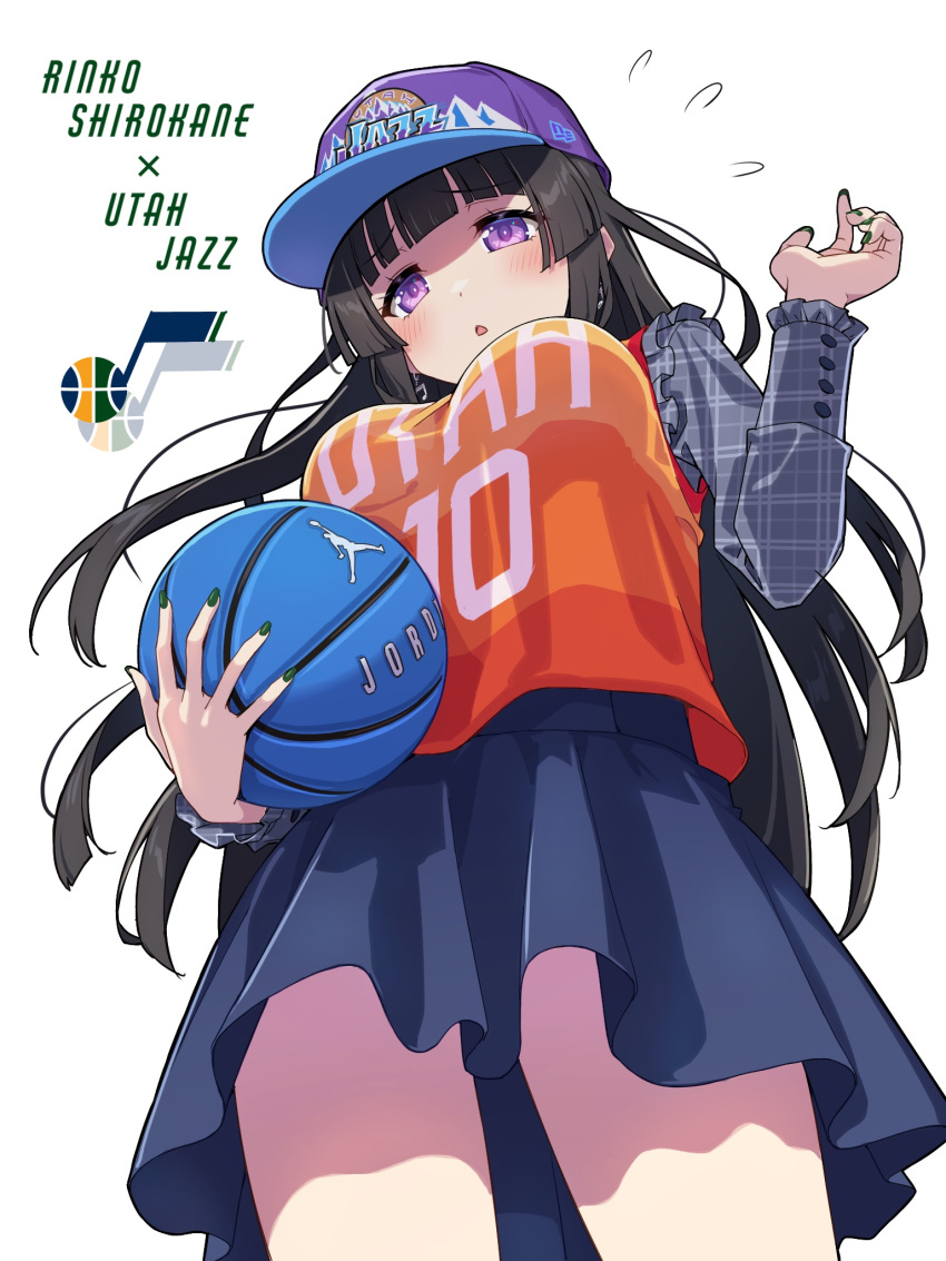 air_jordan ball bang_dream! baseball_cap basketball_(object) basketball_jersey black_hair blue_skirt blush breasts copyright_name female floating_hair from_below grey_shirt hat highres logo long_hair looking_down medium_breasts mike_conley national_basketball_association new_era open_mouth orange_shirt plaid plaid_shirt purple_eyes purple_hat shadow shirokane_rinko shirt skirt solo unmoving_pattern utah_jazz white_background yazawa_happyaro