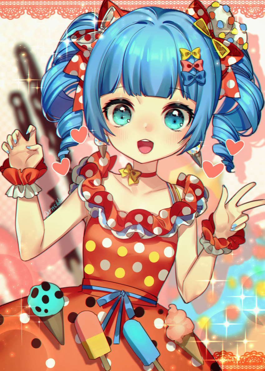 :d berry_(shining_star) blue_eyes blue_hair blue_nails blush bow breasts choker dress drill_hair earrings female food hair_ornament hairbow heart highres ice_cream jewelry korean_commentary looking_at_viewer nail_polish open_mouth red_choker red_dress rnskkn shining_star small_breasts smile solo twin_drills w