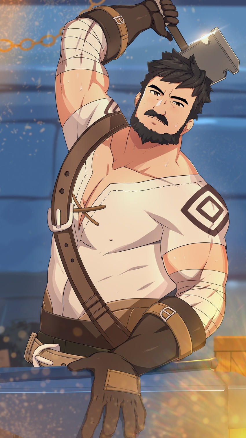 1boy abs bandaged_arm bandages bara beard black_eyes black_hair blacksmith covered_nipples cross-laced_clothes cross-laced_slit cross-laced_top embers facial_hair genshin_impact highres holding holding_mallet large_pectorals looking_at_viewer male_focus mallet mature_male mazjojo moustache muscular muscular_male navel nipples paid_reward_available pectoral_cleavage pectorals short_hair solo stomach variant_set wagner_(genshin_impact)