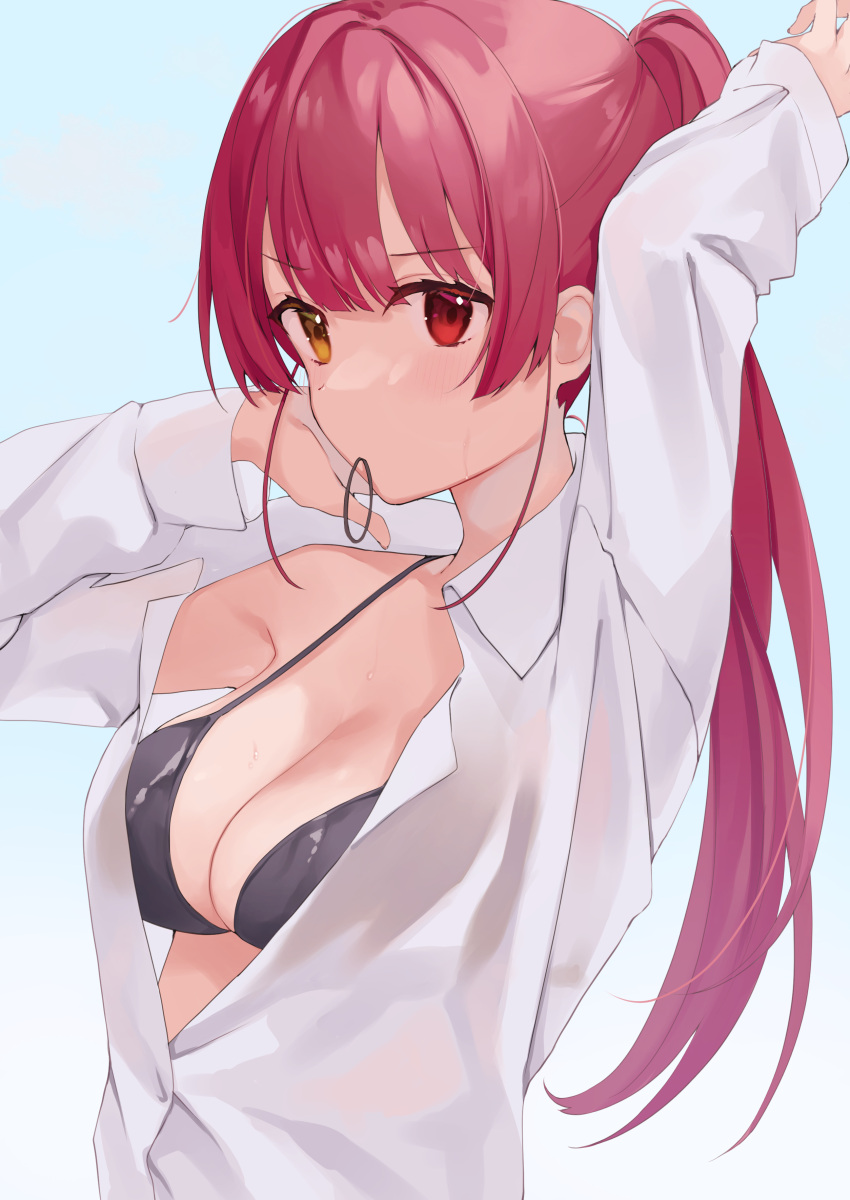 absurdres arm_up bikini black_bikini breasts cleavage collared_shirt commentary_request female hand_up heterochromia highres hololive houshou_marine kashuu_(pixiv_66328082) large_breasts long_hair long_sleeves looking_at_viewer loose_clothes loose_shirt medium_breasts open_clothes open_shirt ponytail red_eyes red_hair shirt simple_background solo swimsuit upper_body virtual_youtuber white_background white_shirt yellow_eyes