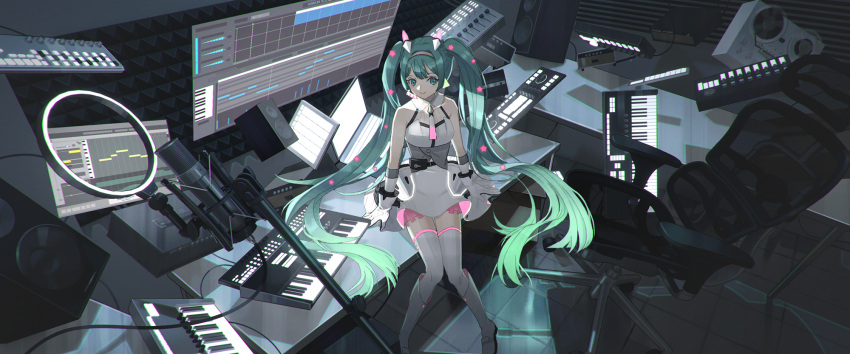 bare_shoulders blue_hair boots braid cable chair collared_dress commentary computer desk dress english_commentary female floating floating_object galaxy_live_(vocaloid) gloves hairband hatsune_miku headgear highres holographic_monitor indoors instrument keyboard_(instrument) laptop long_hair microphone nakai_(nnnjpg) office_chair on_desk reel-to-reel_tape_recorder sitting sleeveless sleeveless_dress solo speaker star_(symbol) swivel_chair synthesizer tape_recorder thighhighs tile_floor tiles twintails very_long_hair vocaloid white_dress white_footwear white_gloves white_thighhighs