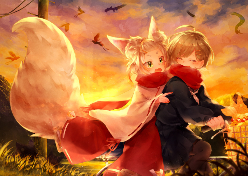 2girls animal_ears bicycle bicycle_basket black_serafuku blonde_hair blush closed_eyes fox_ears fox_tail hair_ornament hairclip japanese_clothes kitsune mizuki_fua multiple_girls multiple_riders original outdoors pillion red_scarf riding riding_bicycle scarf school_uniform serafuku shared_clothes shared_scarf sidesaddle tail yellow_eyes yuri