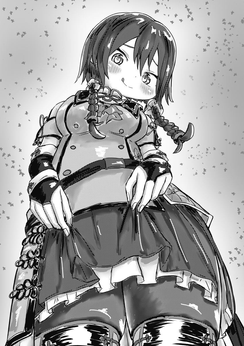 :q absurdres ao_daidai_ki assault_lily bare_shoulders belt belt_buckle blush bow bowtie braid breasts bridal_gauntlets buckle buttons closed_mouth clothes_lift clothing_cutout commentary cowboy_shot elbow_gloves female fingernails flower_knot foreshortening from_below gloves gradient_background grey_background greyscale hair_between_eyes highres jacket lifting_own_clothes long_hair looking_at_viewer looking_down low_twin_braids low_twintails medium_breasts miniskirt monochrome pantyhose raised_eyebrows sailor_collar school_uniform serafuku short_sleeves shoulder_cutout skindentation skirt skirt_lift smile solo standing thighhighs thighhighs_over_pantyhose tongue tongue_out twin_braids twintails wang_lifen zettai_ryouiki