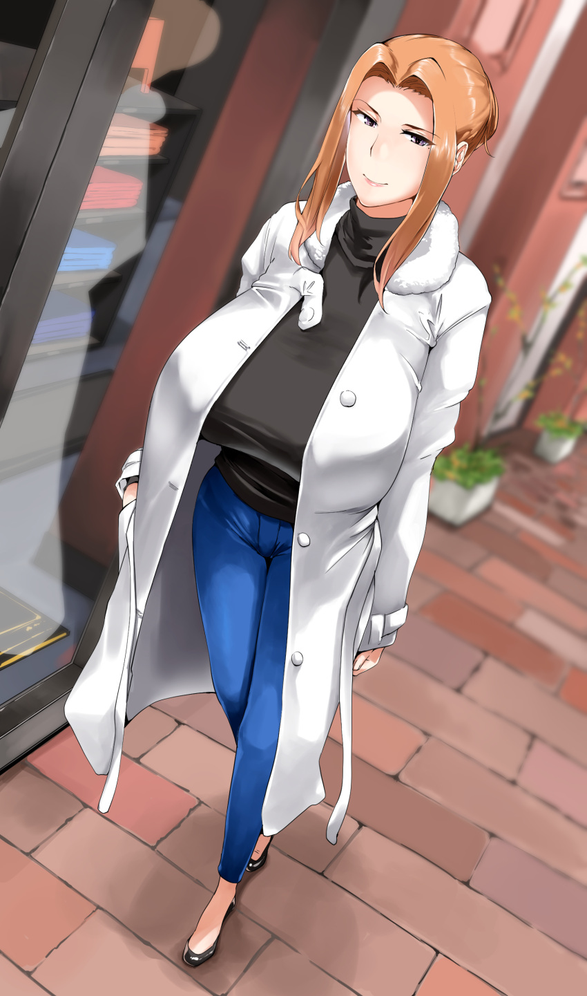 absurdres black_footwear black_sweater blue_pants breasts brick_floor brown_hair coat commentary_request female from_above grey_eyes hair_bun hand_in_pocket highres huge_breasts light_brown_hair nypaon open_clothes open_coat outdoors pants partial_commentary plant shelf sidelocks sleeves_past_wrists smile solo standing storefront sweater tachibana-san-chi_no_dansei_jijou tachibana_kyouka_(jin) turtleneck turtleneck_sweater walking white_coat window