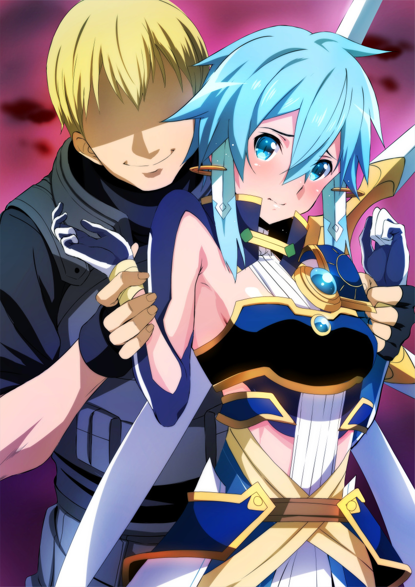 1boy absurdres armor blonde_hair blue_armor blue_eyes blue_hair breastplate breasts closed_mouth commentary_request faceless faceless_male female gabriel_miller hair_between_eyes highres holding_another's_wrist island_(kossori) looking_at_viewer medium_breasts no_eyes short_hair shoulder_armor sinon sinon_(solus) slit_pupils smile solo_focus subtilizer_(sao) sword_art_online sword_art_online:_alicization sword_art_online:_alicization_-_war_of_underworld