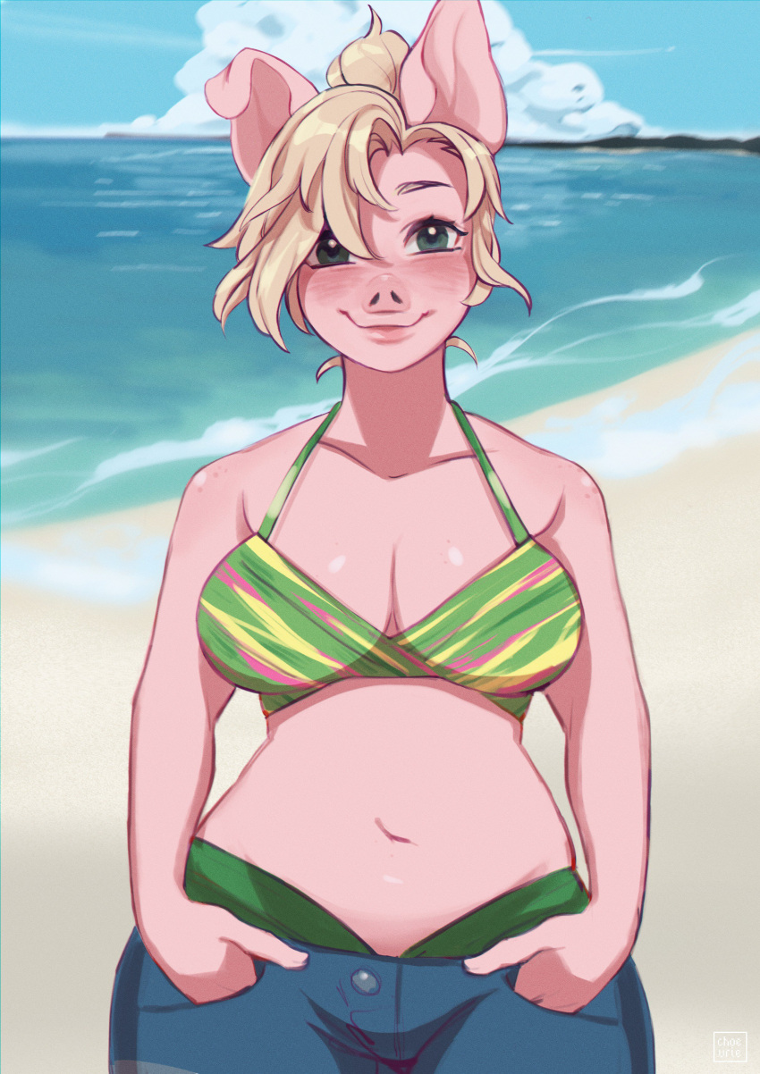 absurd_res anthro beach blonde_hair blush bottomwear breasts clothing cloud domestic_pig female green_eyes hair hi_res indigo_cho looking_at_viewer mammal navel outside pink_body sand seaside short_hair shorts smile solo suid suina sus_(pig) swimwear swimwear_under_clothing water wide_hips