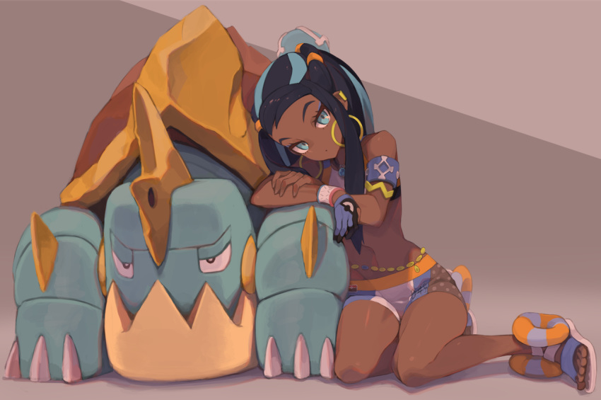 armlet belly_chain blue_eyes commentary crop_top dark-skinned_female dark_skin drednaw earrings eyeliner eyeshadow fangs female forehead gloves hair_bun head_tilt hoop_earrings jewelry long_hair looking_at_viewer makeup multicolored_hair nessa_(pokemon) partially_fingerless_gloves pokemon pokemon_(creature) pokemon_swsh sandals single_glove single_hair_bun sitting sportswear tomioka_jirou two-tone_hair wariza