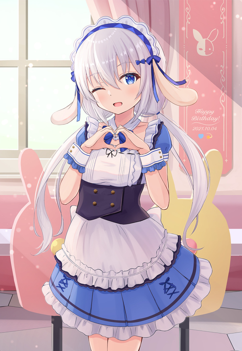 2021 ;d animal_ears birthday female hair_between_eyes hair_ornament happy_birthday heart heart_hands highres hikkyou looking_at_viewer maid masquerade_channel md5_mismatch one_eye_closed open_mouth rabbit_ears smile solo tenshi_nano virtual_youtuber white_hair