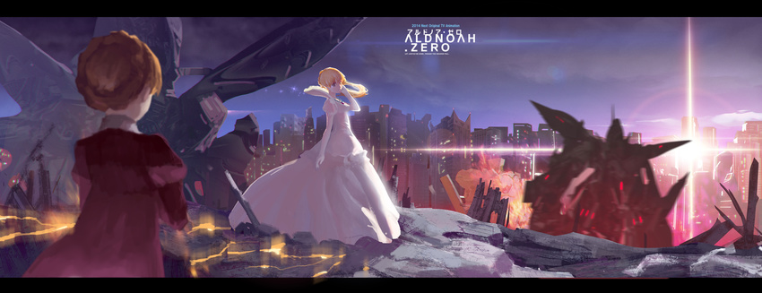 2girls aldnoah.zero asseylum_vers_allusia blonde_hair building city cityscape cloud cloudy_sky commentary_request crying dress eddelrittuo english_text glowing highres kataphrakt_(aldnoah.zero) letterboxed long_hair mecha military military_vehicle multiple_girls outdoors photoshop_(medium) robot scenery science_fiction sky tears yinwoeren